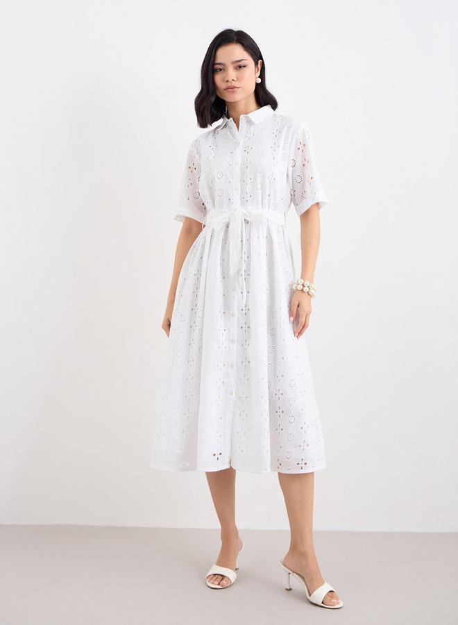 Styli Women White Schiffli Shirt Midi Dress with Tie Belt - Image 2