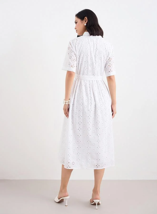 Styli Styli Women White Schiffli Shirt Midi Dress with Tie Belt