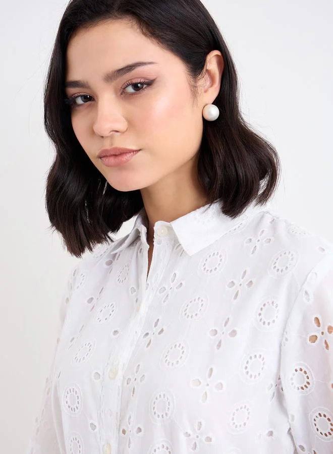 Styli Styli Women White Schiffli Shirt Midi Dress with Tie Belt