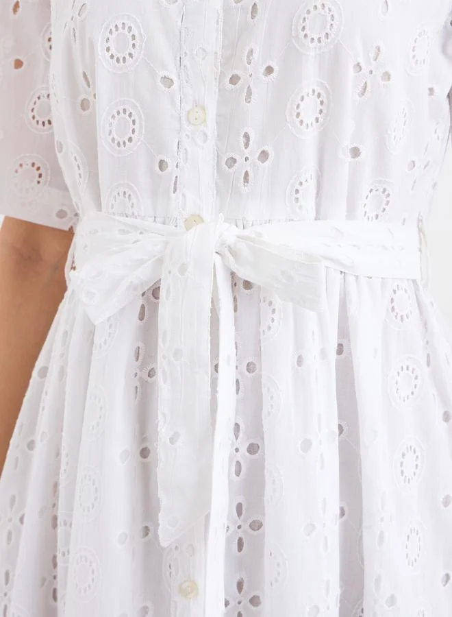 Styli Styli Women White Schiffli Shirt Midi Dress with Tie Belt