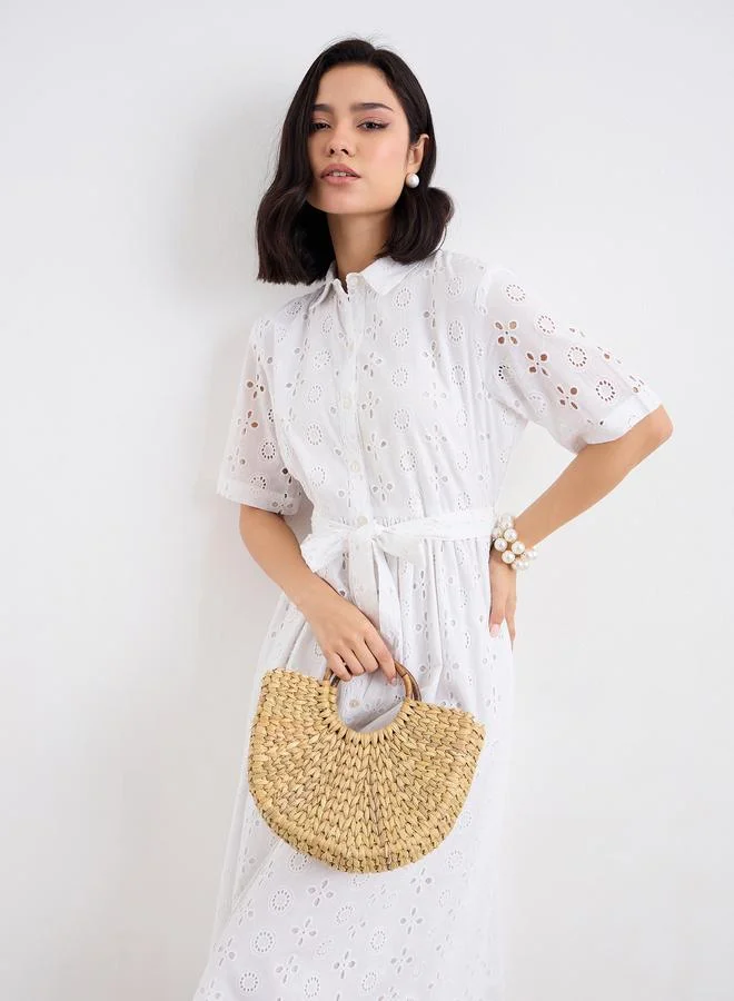 Styli Styli Women White Schiffli Shirt Midi Dress with Tie Belt