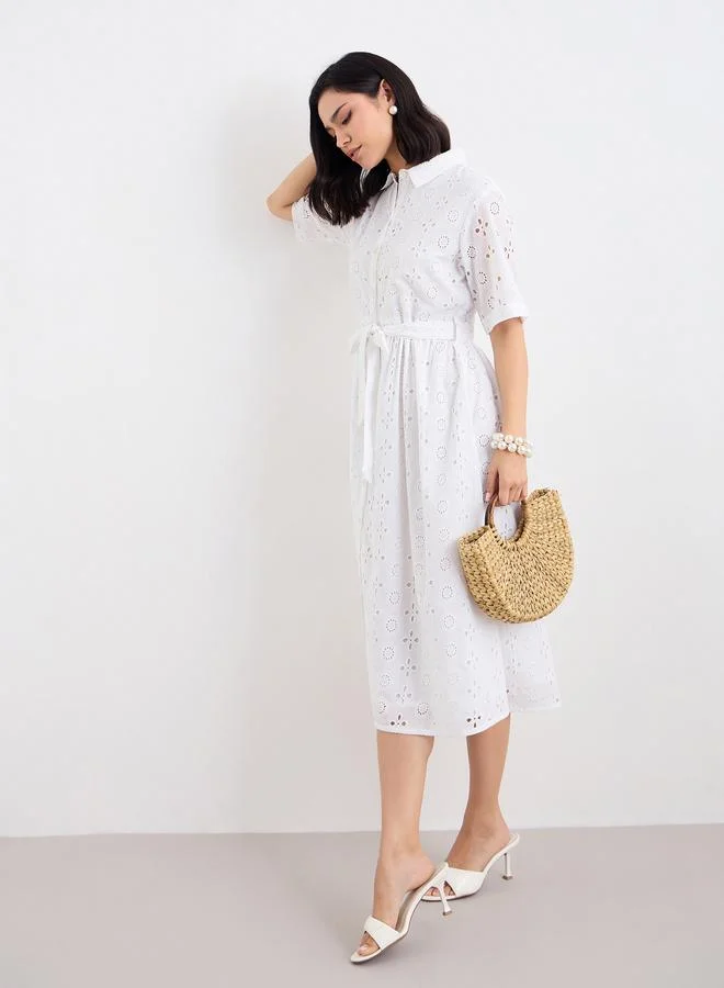 Styli Styli Women White Schiffli Shirt Midi Dress with Tie Belt