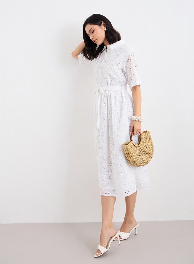 Styli Women White Schiffli Shirt Midi Dress with Tie Belt - Image 1
