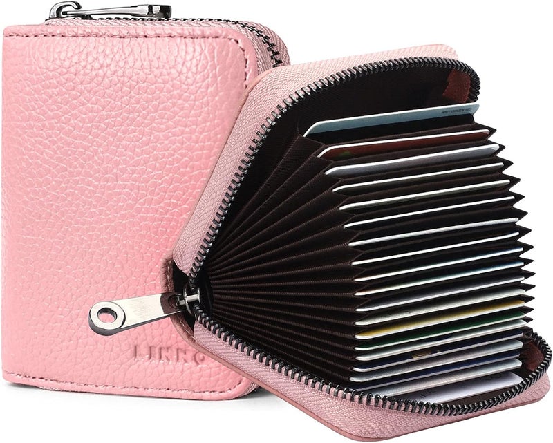 Linno RFID 20 Slots Credit Card Holder Genuine Leather Small Wallet for Women or Men with Zipper - Image 1