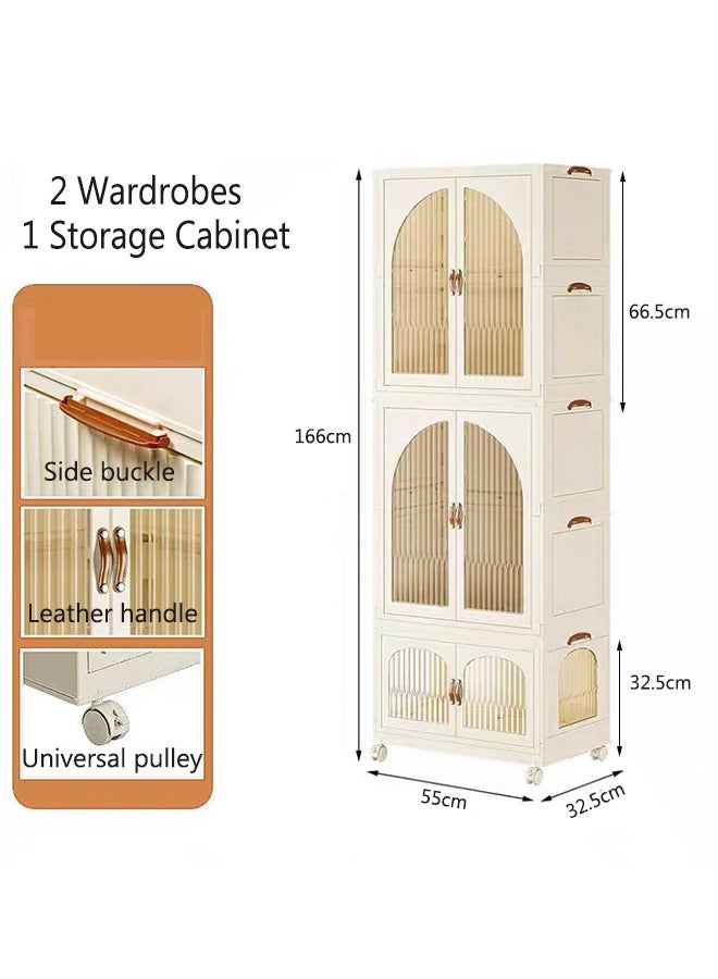 Generic Portable Kids Closet Foldable Combination Wardrobe Baby Children's Clothes Toys Storage Cabinet Plastic Free Installation Snack Cabinet(2 Tall+1 Low）  - Image 1