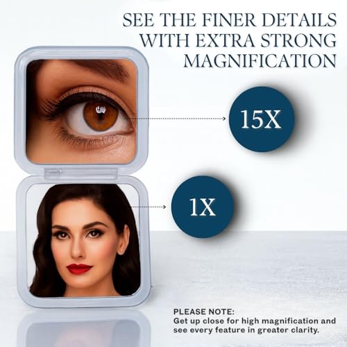 Mirrorvana Small Compact 15X Magnifying Mirror for Travel - Handheld, Foldable & Lightweight - Mini Pocket-Sized Magnified Mirror for Purse - Square 3.3” x 3.3” - Image 5