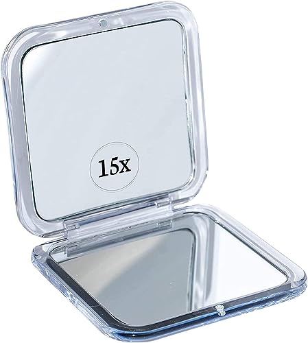Mirrorvana Small Compact 15X Magnifying Mirror for Travel - Handheld, Foldable & Lightweight - Mini Pocket-Sized Magnified Mirror for Purse - Square 3.3” x 3.3” - Image 1