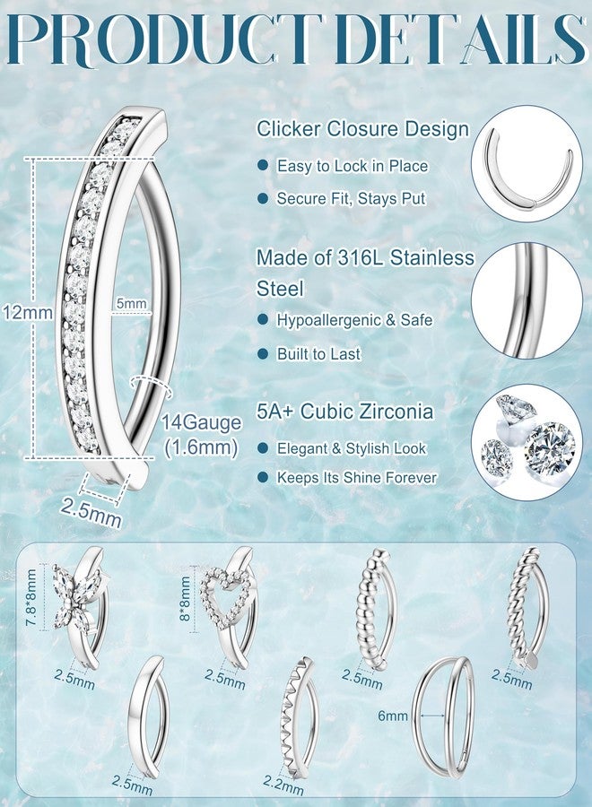 ORAZIO 8Pcs Belly Button Ring Surgical Steel 14G Clicker Belly Rings for Women CZ Heart Butterfly Belly Button Piercing Simple Reverse Navel Barbell Rings Body Piercing Jewelry, Cubic Zirconia - Image 5