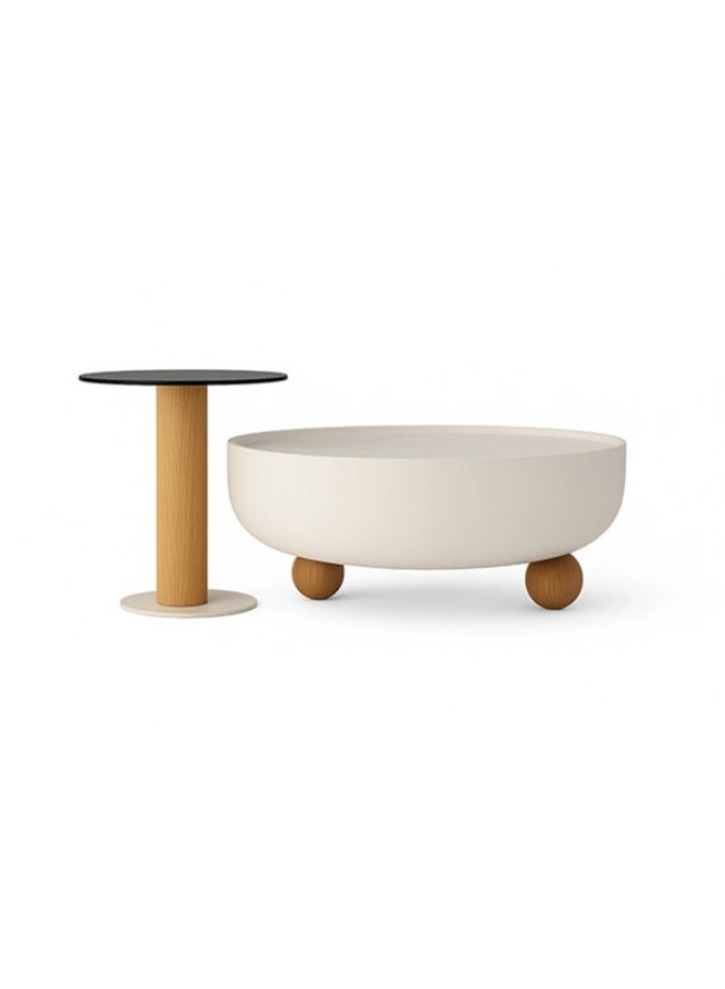 YI ONE Coffee Table Set – Round Beige Coffee Table & Corner Table with Tempered Glass Top, Wooden Legs & Single Storage Drawer – Modern Living Room Table Set - Image 4