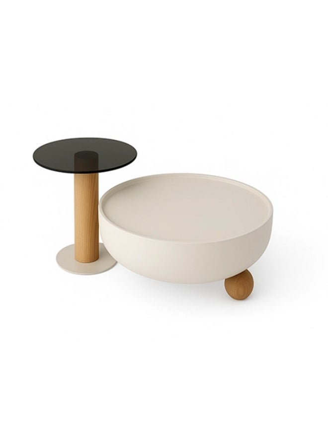 YI ONE Coffee Table Set – Round Beige Coffee Table & Corner Table with Tempered Glass Top, Wooden Legs & Single Storage Drawer – Modern Living Room Table Set - Image 3