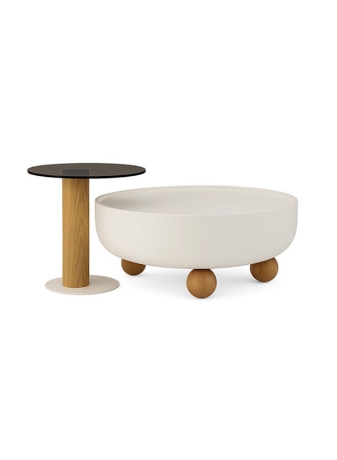 YI ONE Coffee Table Set – Round Beige Coffee Table & Corner Table with Tempered Glass Top, Wooden Legs & Single Storage Drawer – Modern Living Room Table Set - Image 2