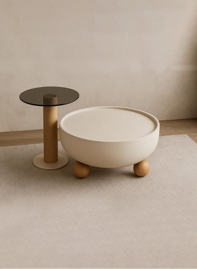YI ONE Coffee Table Set – Round Beige Coffee Table & Corner Table with Tempered Glass Top, Wooden Legs & Single Storage Drawer – Modern Living Room Table Set - Image 1