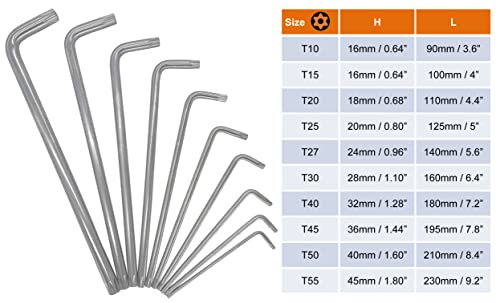 NordWolf 10-Piece Torx Wrench Set, S2 Steel Long Arm Security Star Keys, Sizes T10 to T55 - Image 2