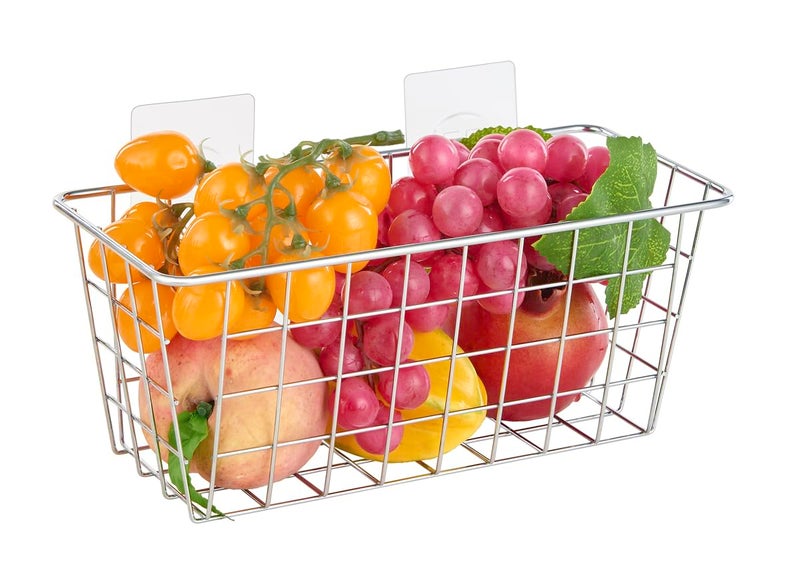 JUNCHU CHERRY JUNCHU CHERRY 2 Pack Hanging Storage Basket  Bathroom Basket  Household Goods Storage Basket  with Traceless Tape  no Drilling  for Cabinet Storage  Kitchen  Bathroom  Storage Room Chrome - Image 4