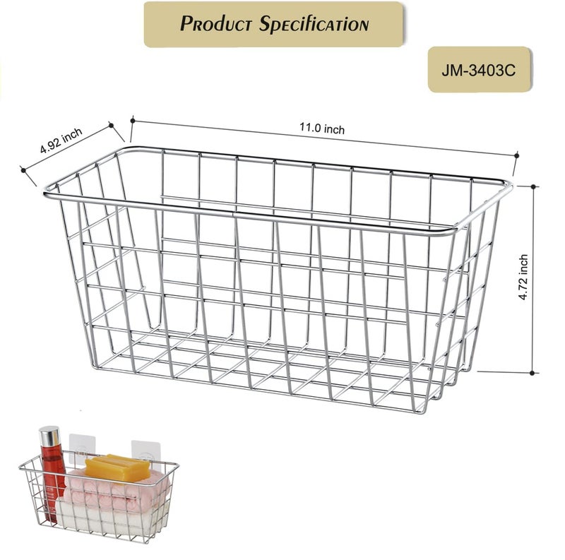 JUNCHU CHERRY JUNCHU CHERRY 2 Pack Hanging Storage Basket  Bathroom Basket  Household Goods Storage Basket  with Traceless Tape  no Drilling  for Cabinet Storage  Kitchen  Bathroom  Storage Room Chrome - Image 3