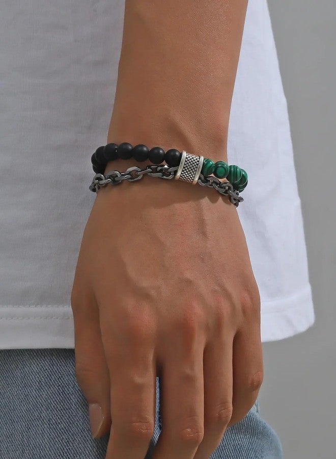 VIEN® Fashion Punk Style Frosted Stone Chain Combination Geometric Men's Bracelet (Green) - Image 2