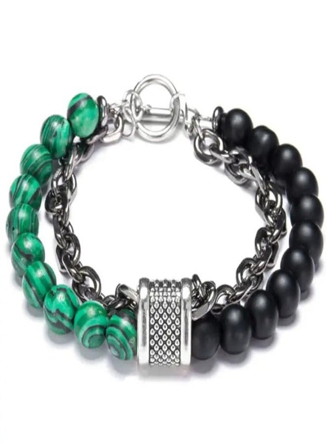 VIEN® Fashion Punk Style Frosted Stone Chain Combination Geometric Men's Bracelet (Green) - Image 1