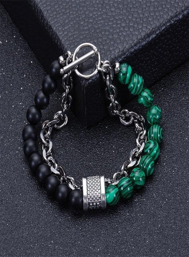 VIEN® Fashion Punk Style Frosted Stone Chain Combination Geometric Men's Bracelet (Green) - Image 4