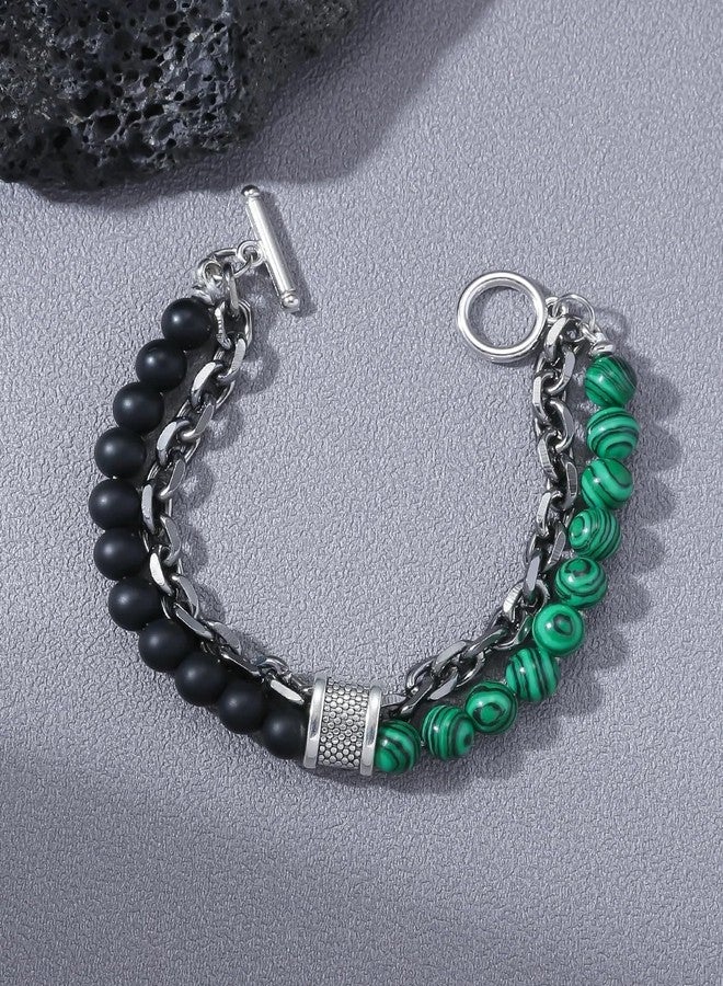 VIEN® Fashion Punk Style Frosted Stone Chain Combination Geometric Men's Bracelet (Green) - Image 5