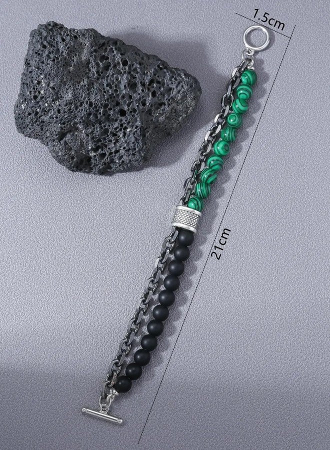 VIEN® Fashion Punk Style Frosted Stone Chain Combination Geometric Men's Bracelet (Green) - Image 3