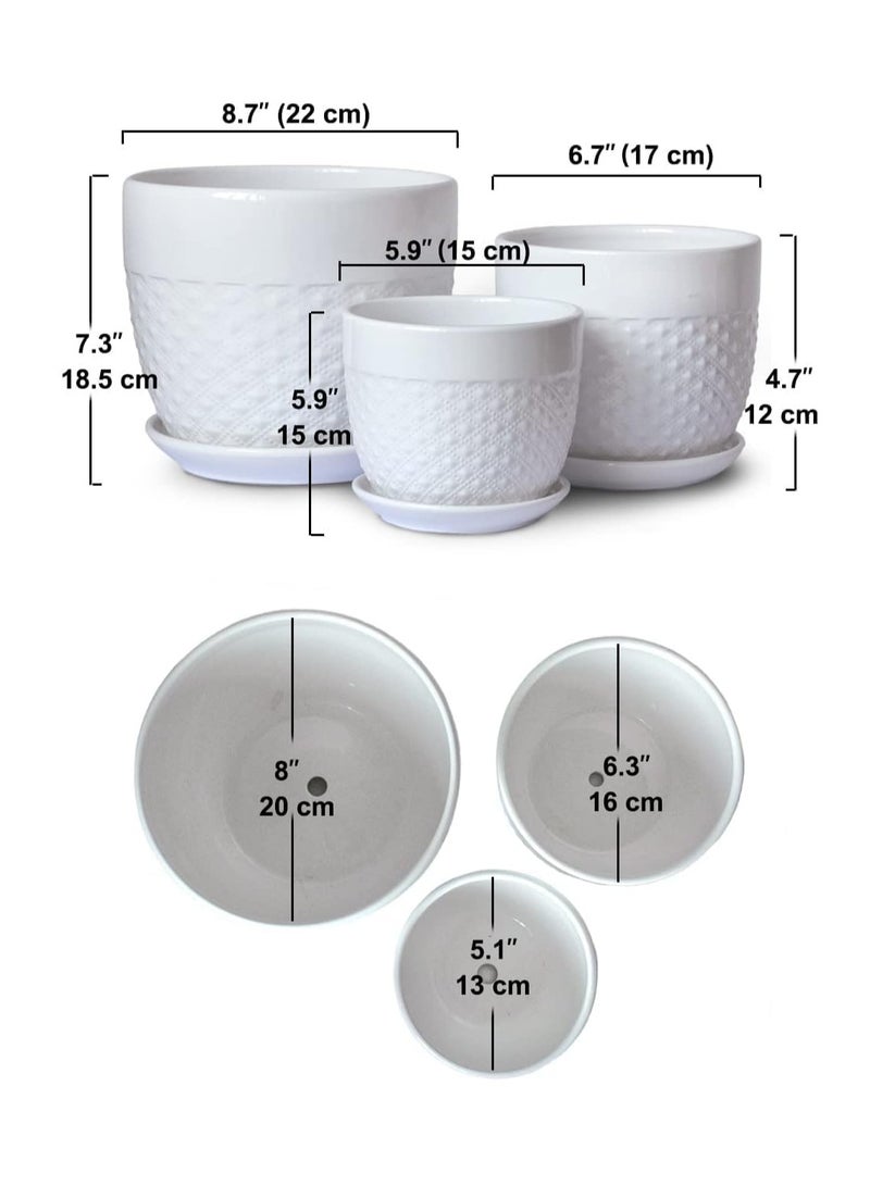ڤسيل24 وعاء زهور سيراميك أبيض منقوش مع فتحة تصريف وأواني زراعة عصارية - Image 3