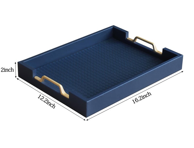 HofferRuffer Faux Leather Rectangle Serving Tray Decor Platter with Gold Metal Handles for Coffee Table, Breakfast, Tea, Food, Countertop, Kitchen, Butler Tray, 16.2 x 12.2 x 2 inches (Navy Blue) - Image 2