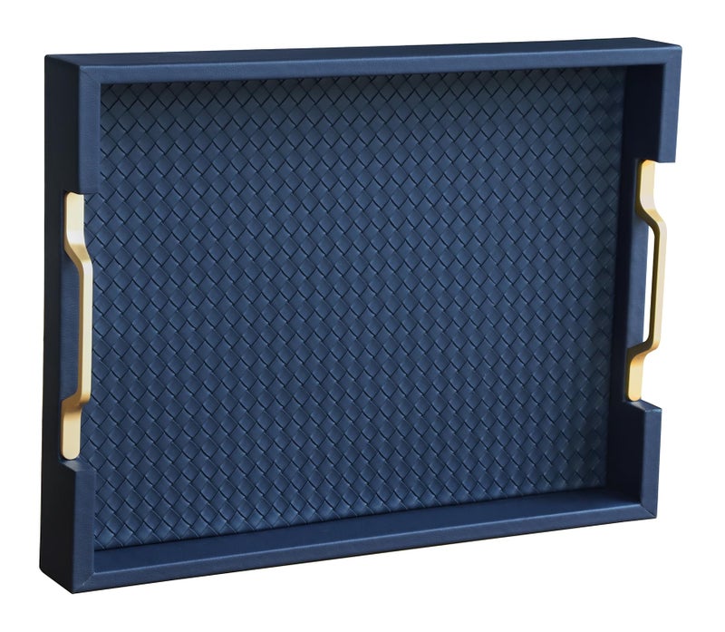 HofferRuffer Faux Leather Rectangle Serving Tray Decor Platter with Gold Metal Handles for Coffee Table, Breakfast, Tea, Food, Countertop, Kitchen, Butler Tray, 16.2 x 12.2 x 2 inches (Navy Blue) - Image 1