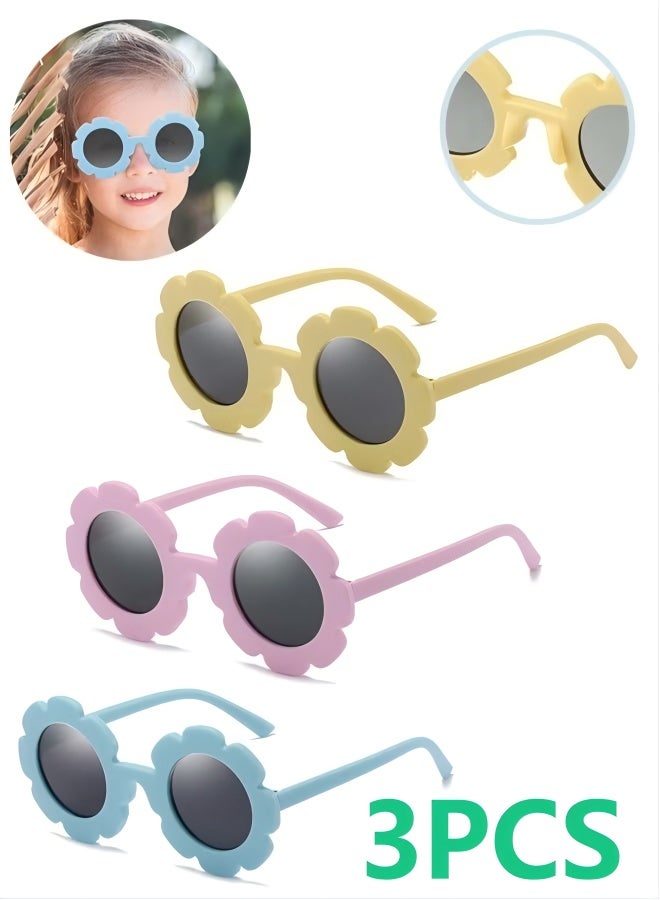 3-Piece Kids Flower Sunglasses, Girls Round Flower Glasses, Outdoor Beach Ultraviolet Protection Eyewear for Birthday Party Supplies - Image 1