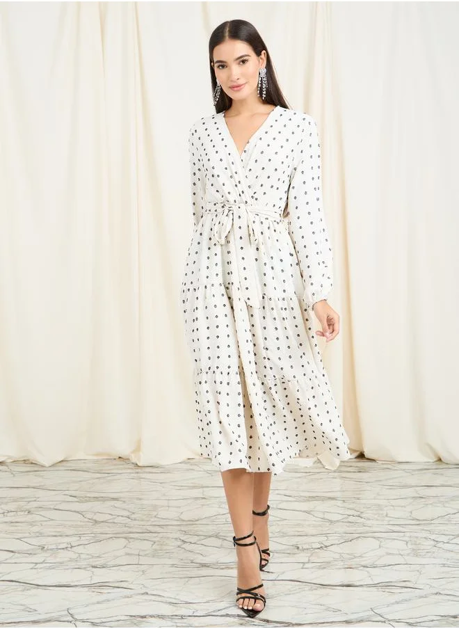 Styli A-line Dobby Dress with Tie-up Detail