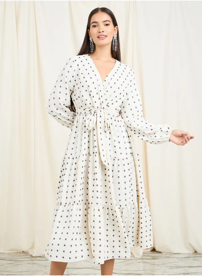Styli A-line Dobby Dress with Tie-up Detail