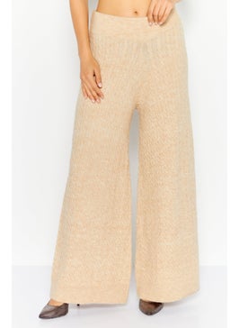ESPRIT Women Regular Fit Heather Knitted Wide Leg Pants, Beige  - Image 1