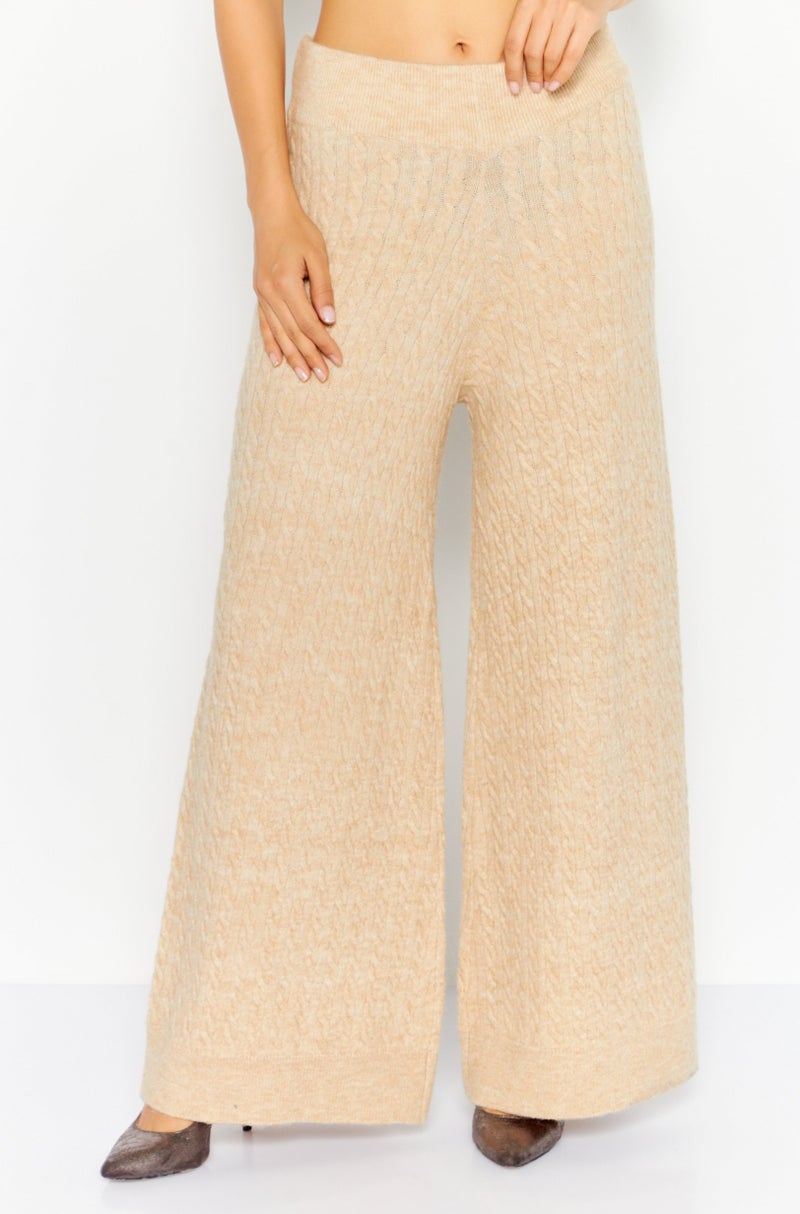 ESPRIT Women Regular Fit Heather Knitted Wide Leg Pants, Beige - Image 1