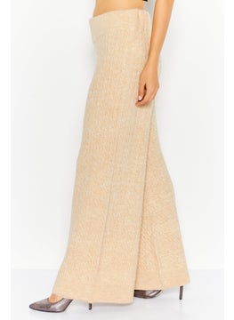 ESPRIT Women Regular Fit Heather Knitted Wide Leg Pants, Beige  - Image 2