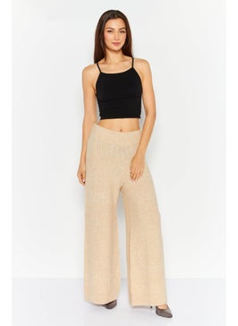 ESPRIT Women Regular Fit Heather Knitted Wide Leg Pants, Beige  - Image 4