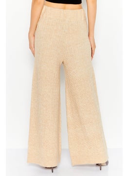 ESPRIT Women Regular Fit Heather Knitted Wide Leg Pants, Beige  - Image 3