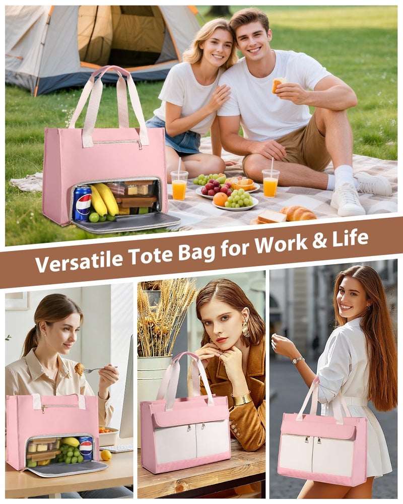 Bnlcd Lunch Tote Bag for Women - 15.6 Inch Laptop Work Bag with Insulated Lunch Compartment - Large Capacity Quilted Computer Handbag - Leakproof Lunch Box for Women dults, Pink-white - Image 2