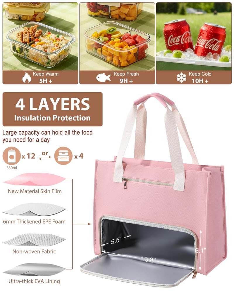 Bnlcd Lunch Tote Bag for Women - 15.6 Inch Laptop Work Bag with Insulated Lunch Compartment - Large Capacity Quilted Computer Handbag - Leakproof Lunch Box for Women dults, Pink-white - Image 3