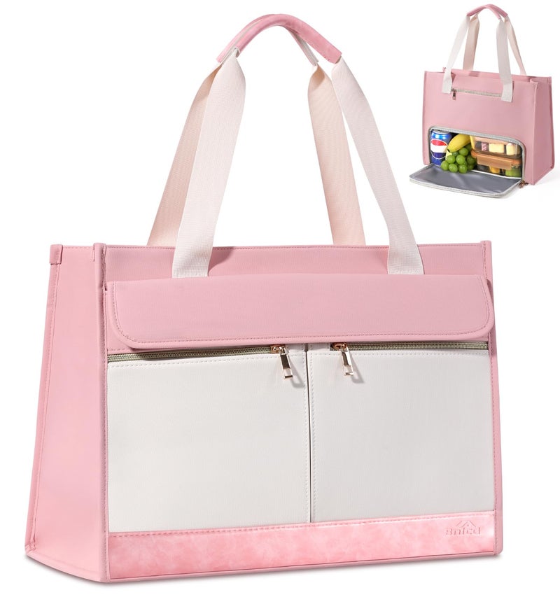 Bnlcd Lunch Tote Bag for Women - 15.6 Inch Laptop Work Bag with Insulated Lunch Compartment - Large Capacity Quilted Computer Handbag - Leakproof Lunch Box for Women dults, Pink-white - Image 1