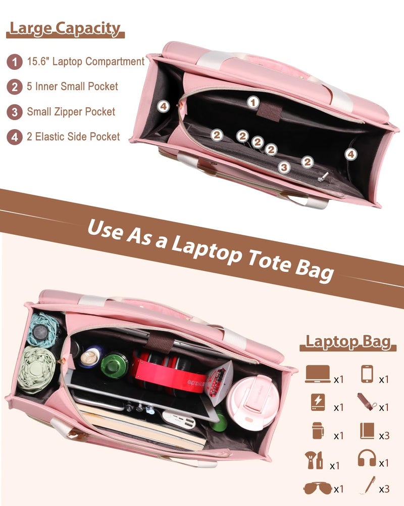 Bnlcd Lunch Tote Bag for Women - 15.6 Inch Laptop Work Bag with Insulated Lunch Compartment - Large Capacity Quilted Computer Handbag - Leakproof Lunch Box for Women dults, Pink-white - Image 5