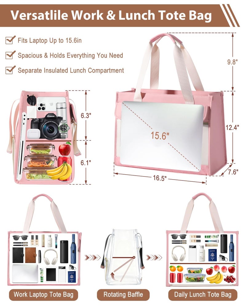 Bnlcd Lunch Tote Bag for Women - 15.6 Inch Laptop Work Bag with Insulated Lunch Compartment - Large Capacity Quilted Computer Handbag - Leakproof Lunch Box for Women dults, Pink-white - Image 4