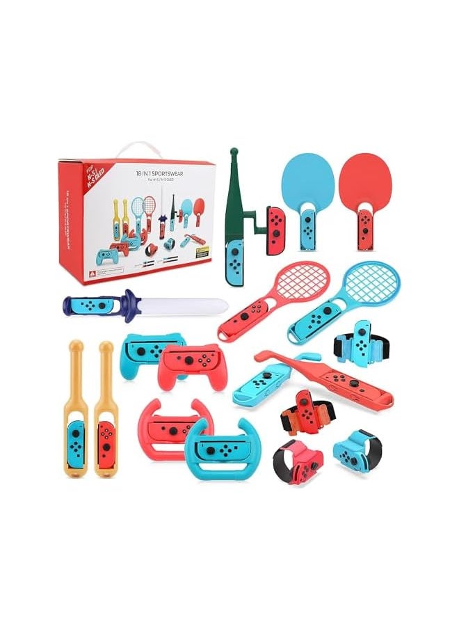 erorex 18 Pieces Pack Switch Sport Games Accessories Bundle for Nintendo Switch Games, Bundle Accessory Kit with Tennis Racket Controller Grips Racing Wheel Bandage Golf Club Wheels Drum Stick Fishing Rod  - Image 1