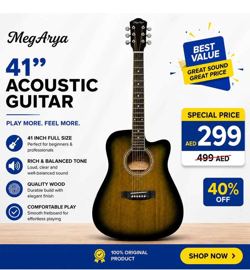 41 Inch TBS Acoustic Guitar Full Size Cutaway | Steel String Guitar for Beginners & Professionals | Premium Tobacco Brown Sunburst Finish | Rich Resonant Sound | Right-Handed Acoustic Guitar