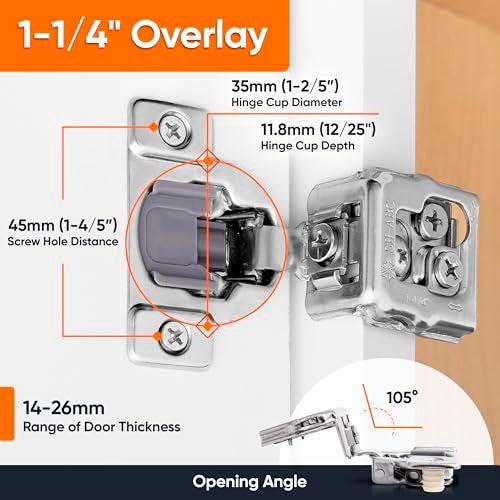 Decobasics 2 Pack Soft Close Cabinet Hinges 1-1/4" Overlay for Kitchen Cabinet Doors, Slow Self-Closing Concealed Hidden Hinges for Face Frame –Stainless Steel, 3-Way Adjustable & Quiet Close Damper - Image 2