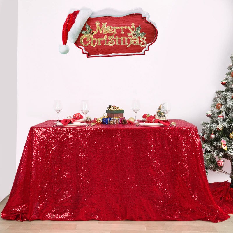BCOOL Red Sequin Tablecloth Parties Cloth Christmas Table Cloths 50x80 Inches Sequin Fabric Overlay Sparkly Sequined Fabric Holiday Decoration