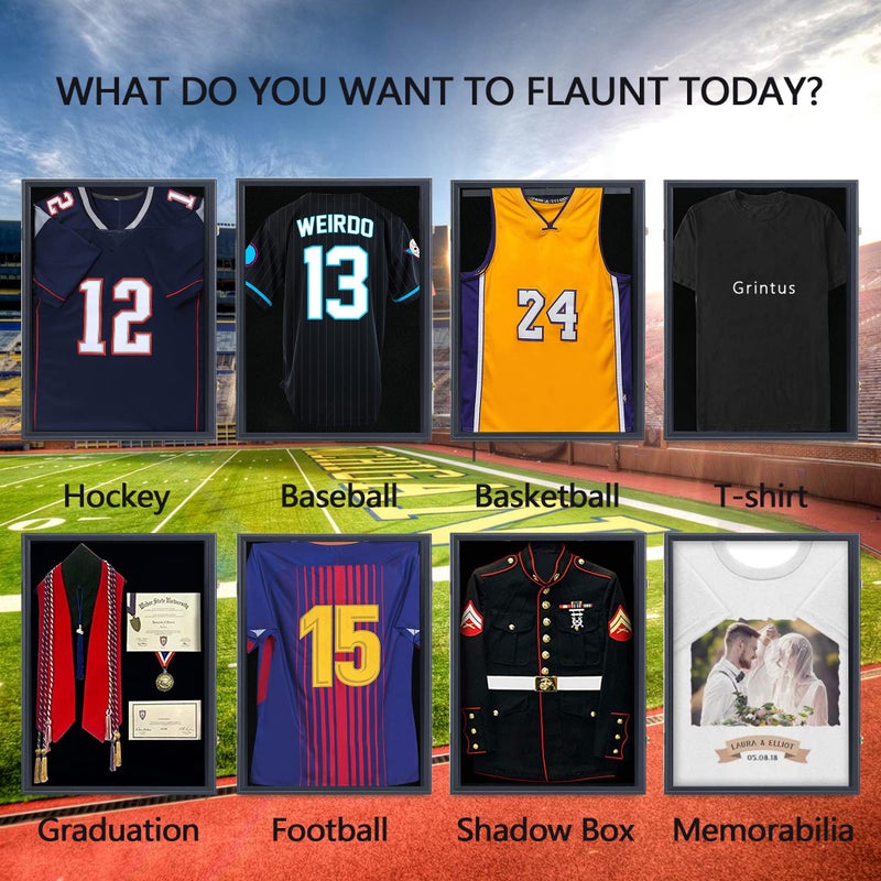Grintus Jersey Frame Display Case Jersey Display Case Jersey Shadow Box with Uv Protection Acrylic and Hanger for Baseball Basketball Football Soccer Hockey Sport Shirt and Uniform,Black Finish - Image 4
