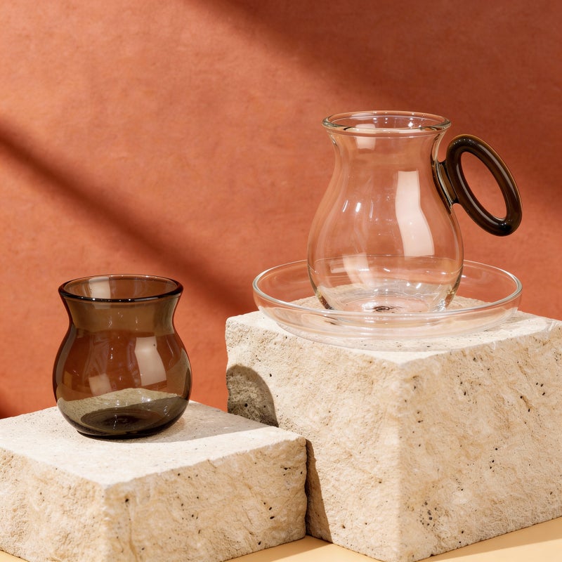 Classic Curved Glass Design with Colored Handle & Clear Saucer - Tea & Coffee Serving Set