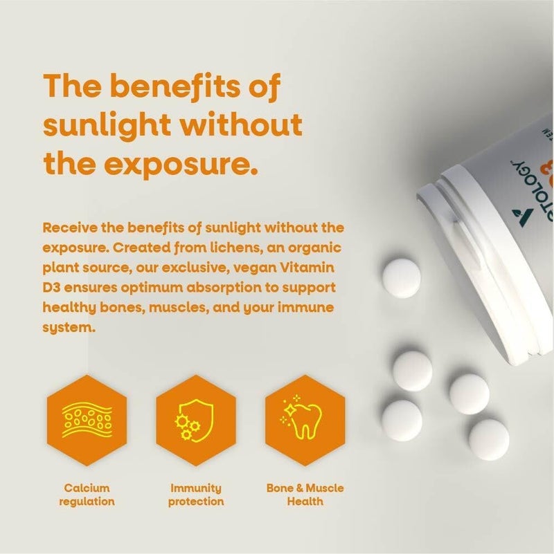 Vegetology Vitashine Vegan Vitamin D3 Tablets 2500IU Chewable Healthy Immune System Vegetarian Society Registered 60 Count - Image 4