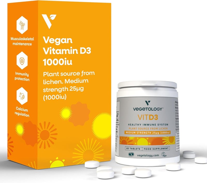 Vegetology Vitashine Vegan Vitamin D3 Tablets 2500IU Chewable Healthy Immune System Vegetarian Society Registered 60 Count - Image 1