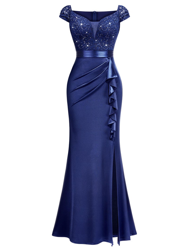 Miusol Women's Vintage V-Neck Slim Style Ruffle Split Evening Formal Maxi Dress (Small, A-Navy Blue) - Image 4
