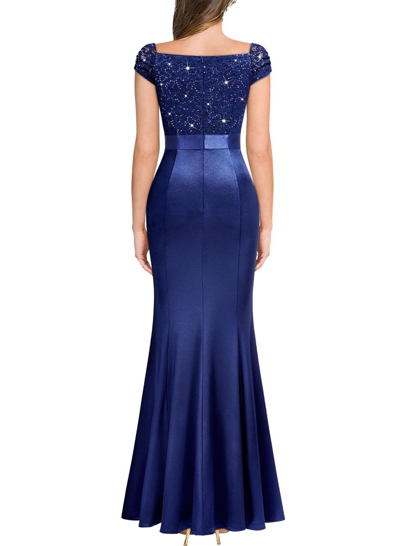 Miusol Women's Vintage V-Neck Slim Style Ruffle Split Evening Formal Maxi Dress (Small, A-Navy Blue) - Image 2